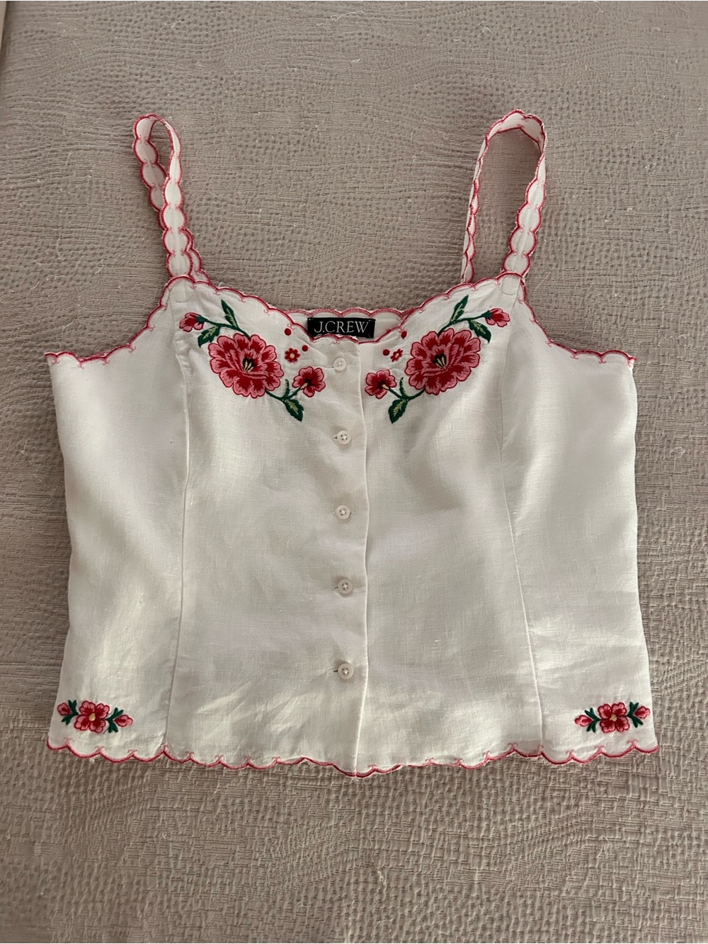 J. Crew White Linen Floral Embroidered Button-Front Camisole Size 4